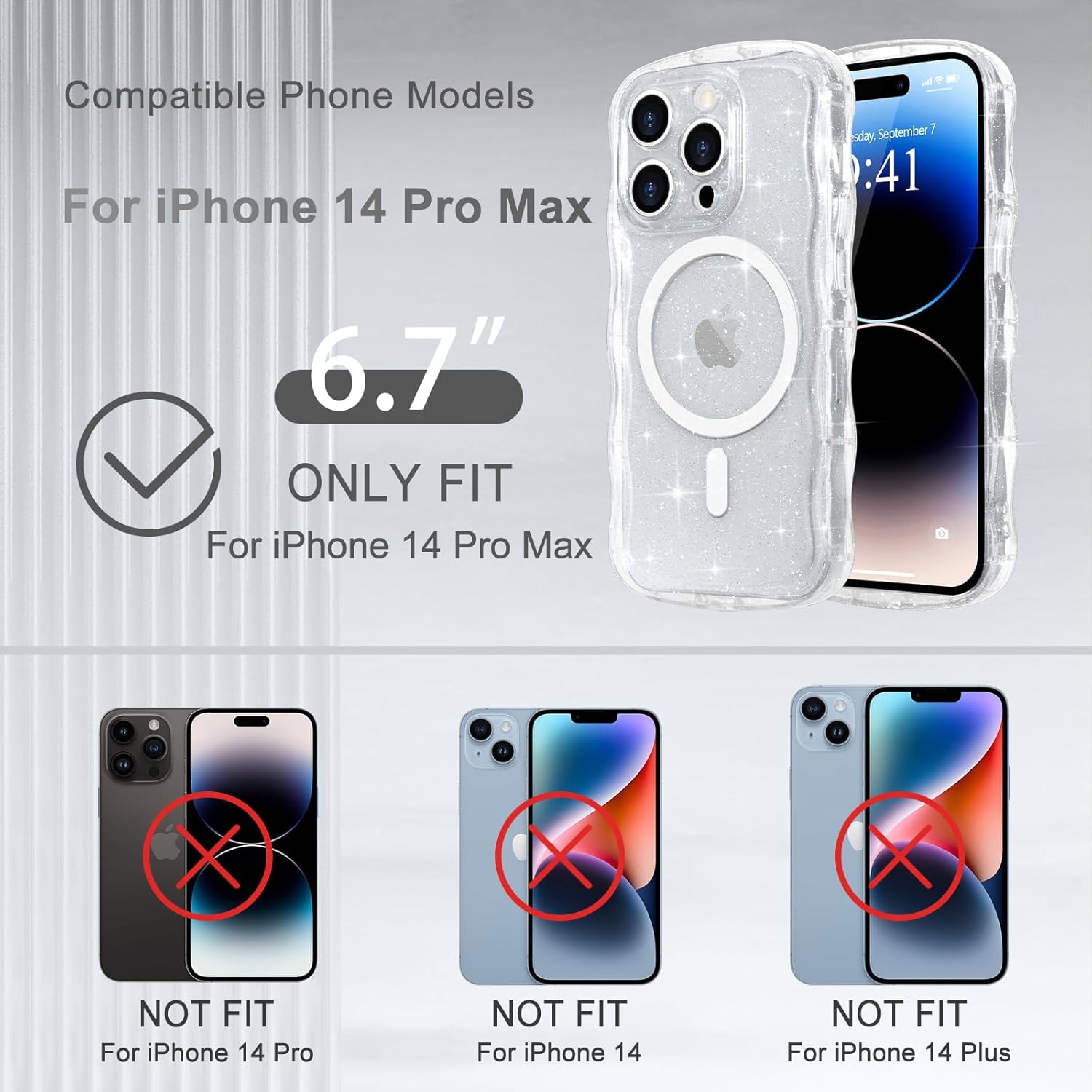 Magnetic for iPhone 14 Pro Max Case Clear, Sparkly Bling Glitter Cute Curly Wave Bumper Cover for Women Girls Compatible with MagSafe TPU Shockproof Phone Case for iPhone 14 Pro Max, Mag Clear - Image 2