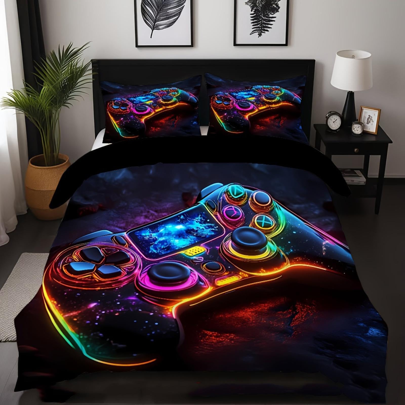 Parure de lit 220x240 cm manette de jeu 3D avec 2 taies d'oreiller pour chambre geek