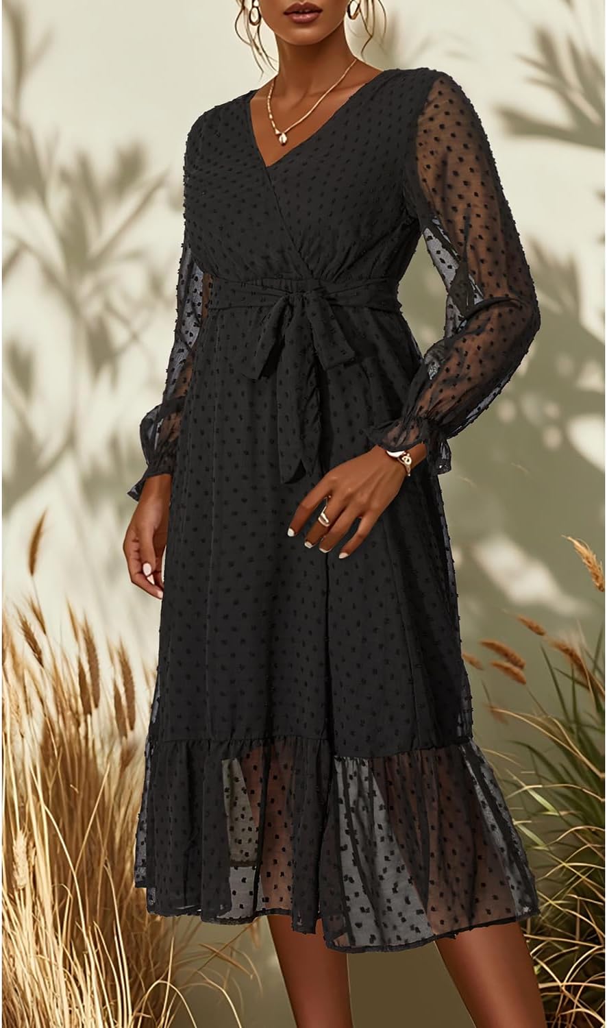 Women's Fall Long Sleeve Spring Dress Wrap V Neck Swiss Dot Casual A-Line Midi Dresses with Belt - Image 5