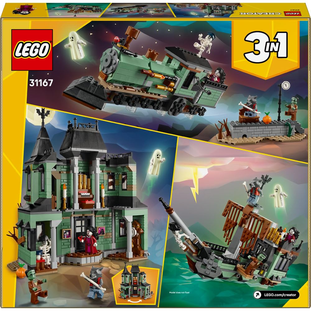 LEGO Creator 3 w 1 Nawiedzona rezydencja 31167 | Zestaw klocków konstrukcyjnych, model domu do przebudowy na pociąg lub statek, prezent dla dzieci od 9 lat, 736 elementów
