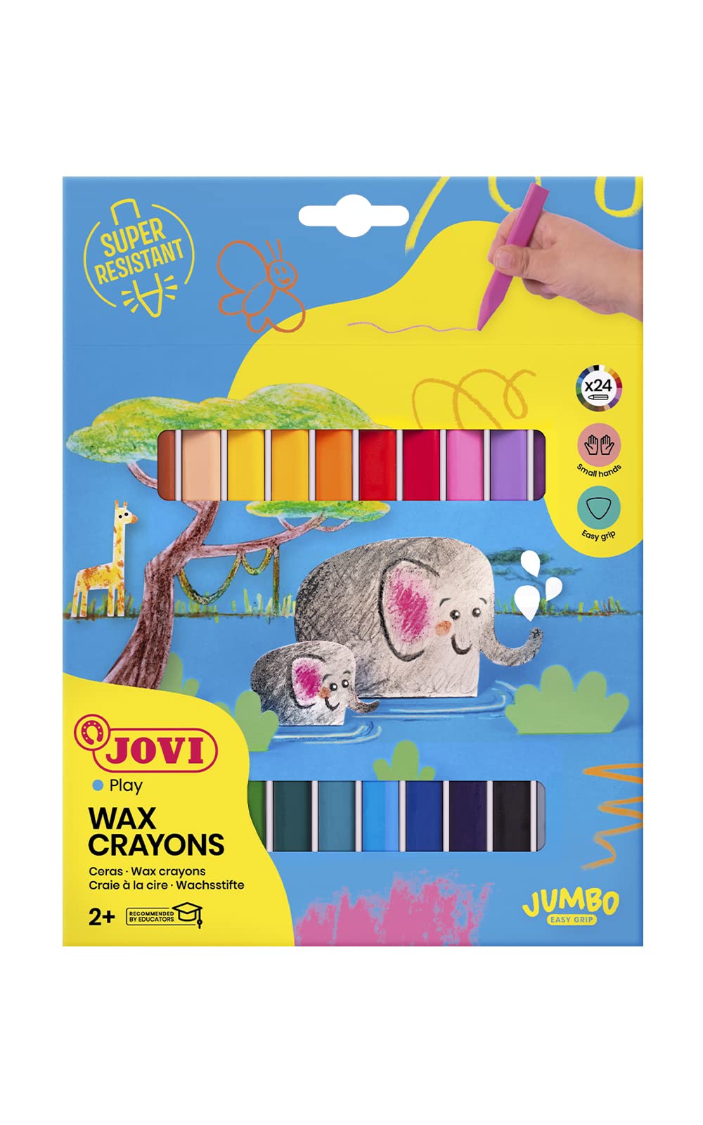 Jovi Triwax Crayons, Triwax, Triangular Shape, Odourless, Easy to Wash, for All Ages - Box of 24 Colours