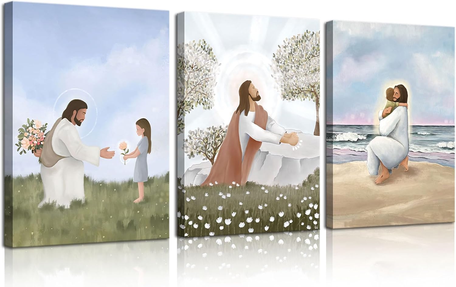 3Pcs Framed Minimalist Jesus Wall Art, Christian Jesus and Child Canvas Posters Prints Watercolor God Artwork Paintings Wall Decor Pictures for Living Room Bedroom Kids Room Decoration