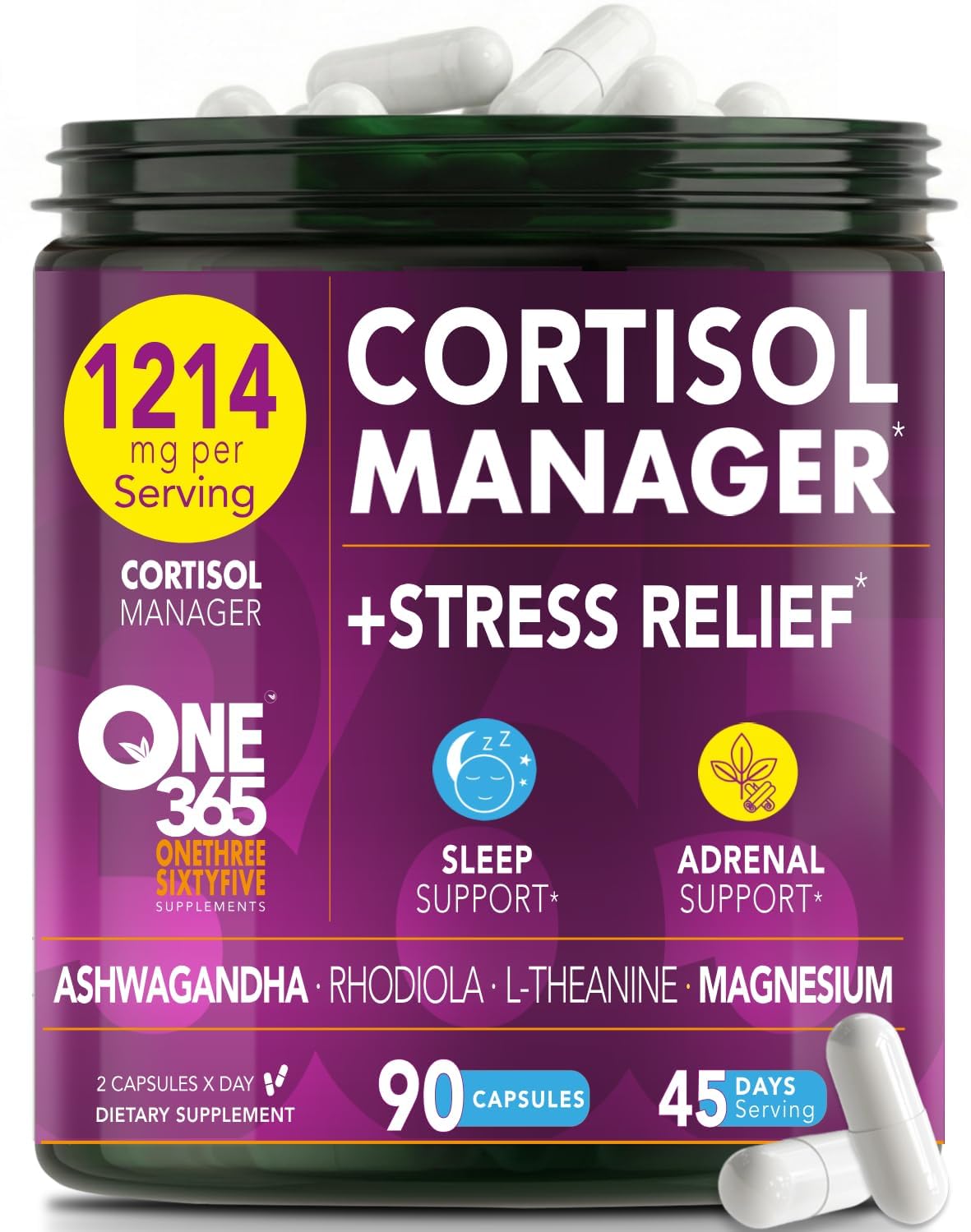 Cortisol Manager Ashwagandha Magnesium L-Theanine Rhodiola 90 Caps Stress Support
