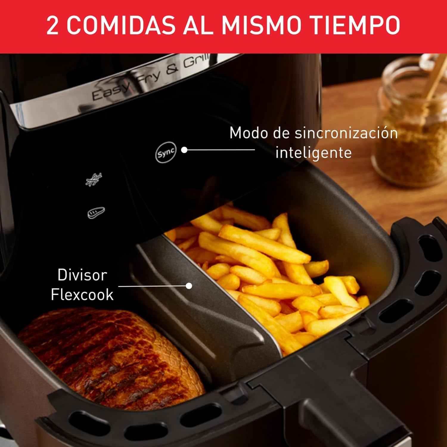 Moulinex Easy Fry & Grill, Freidora de aire de 6,5L con Grill 2 en 1 | Hasta 8 personas, Revestimiento antiadherente, 8 Programas automáticos, Divisor Flexcook, Apta lavavajillas, EZ8018