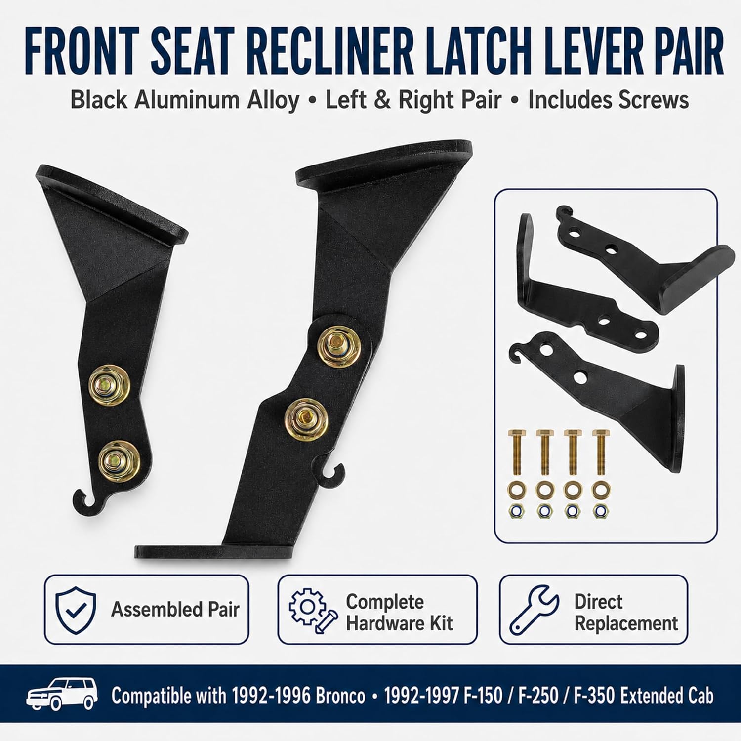 Front Seat Recliner Latch Lever Pair Compatible with 1992-1996 Ford Bronco, 1992-1997 Ford F-150 F-250 F-350 Extended Cab, Seat Back Adjustment Lever, Replaces F2TZ-1562649-A F2TZ-1562648-A