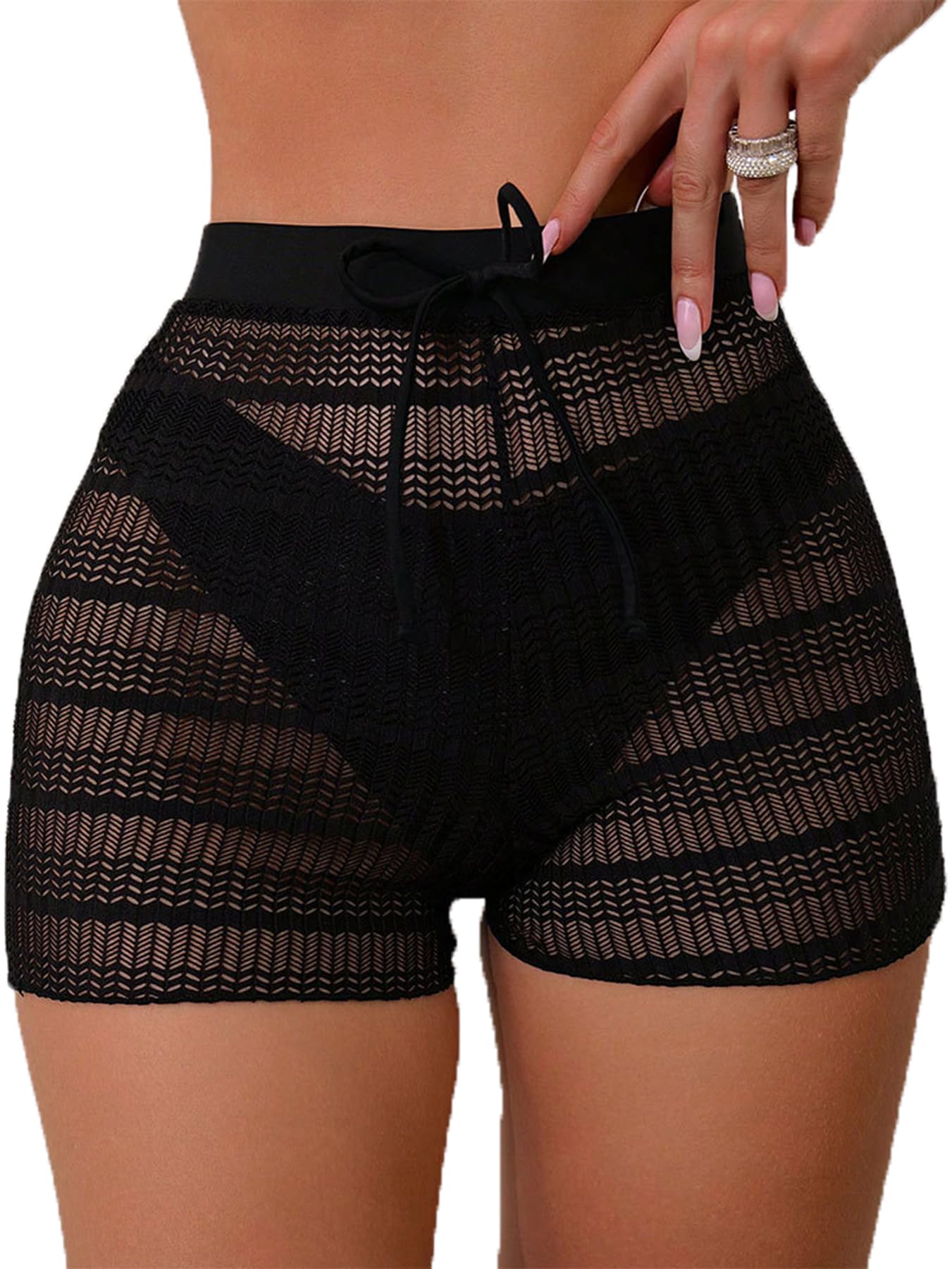 Pantalones cortos para mujer con abertura y cintura alta, semitransparentes con lazo frontal (bragas no incluidas), 871 negro
