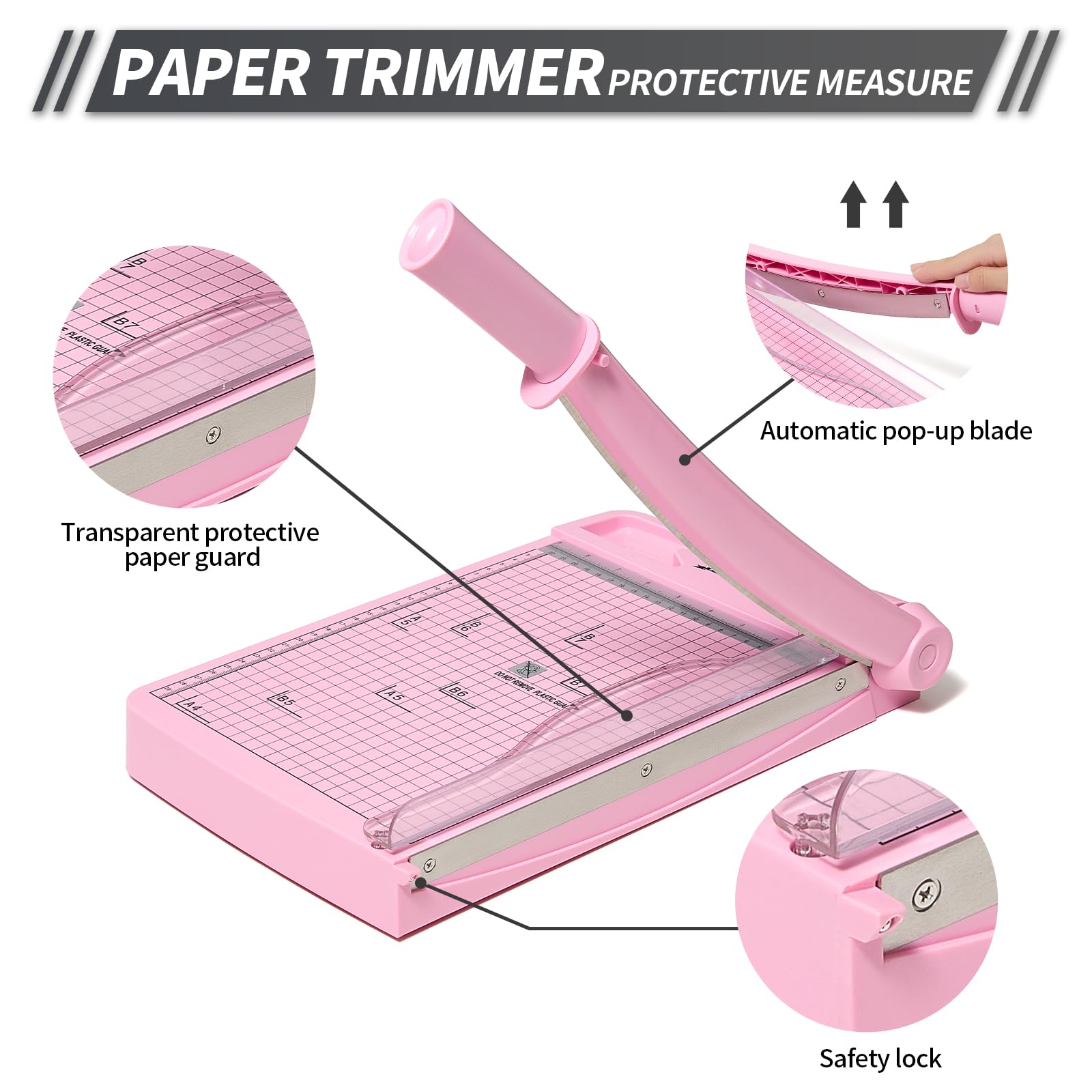 A4 Massicot Outil de Scrapbooking avec Protection de Sécurité et Verrouillage de la Lame Couper Papier et Photo，12 Pouces le Coupe Papier à Guillotine Peut Couper jusqu'à 12 Feuilles（Rose）