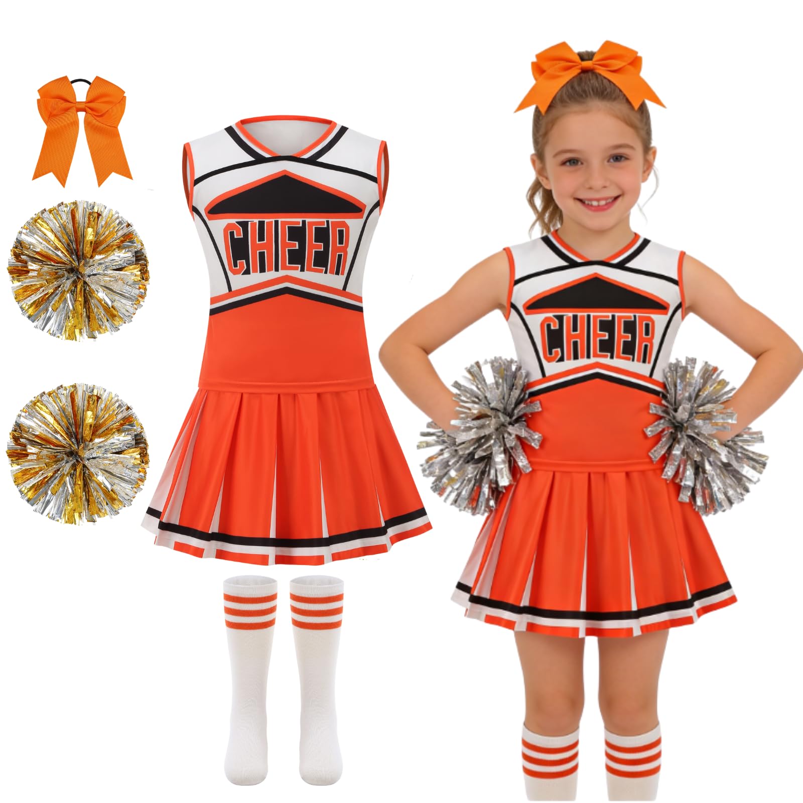 DELIVESS Cheerleader Costum for Girls Cheerleading Outfit Kids School Cheer Uniform 5 Pcs Set for Halloween Party Dress up 10-11 Years (150, Orange)