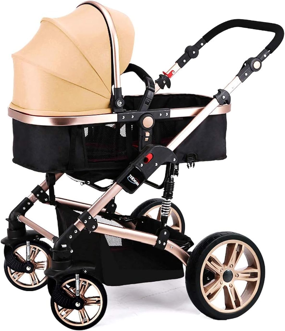 TEKNUM 3In1 Pram Stroller | Sleeping Bassinet | Extra Wide Seat | Wide Canopy | 360° Rotating Wheels | Fully Recylinable | Car Seat Compatible | Coffee Holder | Spill Proof Mat | 0-3 Years | Khaki