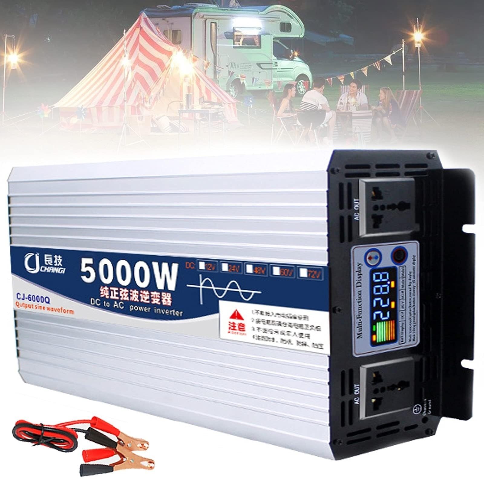 NVSFZGIYG Pure Sine Wave Power Inverter DC 12V 24V 48V 60V to AC 110V 220V Car Converter with Dual Outlets & LCD Smart(24Vto110V,5000W)