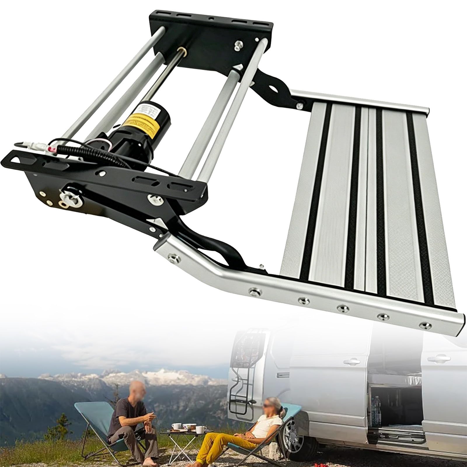 BITYCOW RV Electric Folding Step, Double Layer Aluminum Alloy Step with Bright Light, Anti-Slip Pedal, 440 lbs Load Capacity for Trailer, Caravan, Motorhome and Camper Van Singlelayerpedal