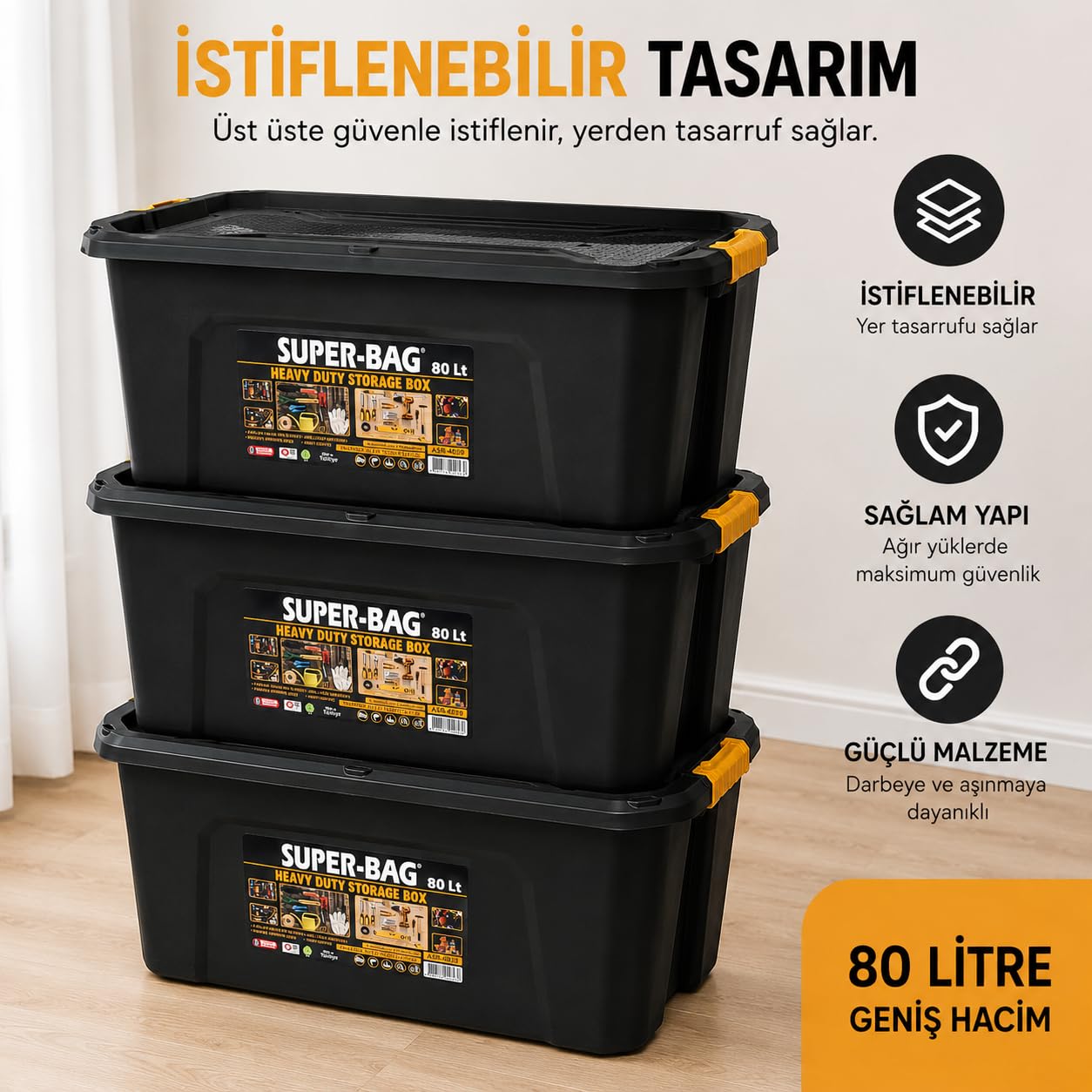 Super Bag 80 L Kapaklı Saklama Kutusu, Ağır Hizmet Plastik