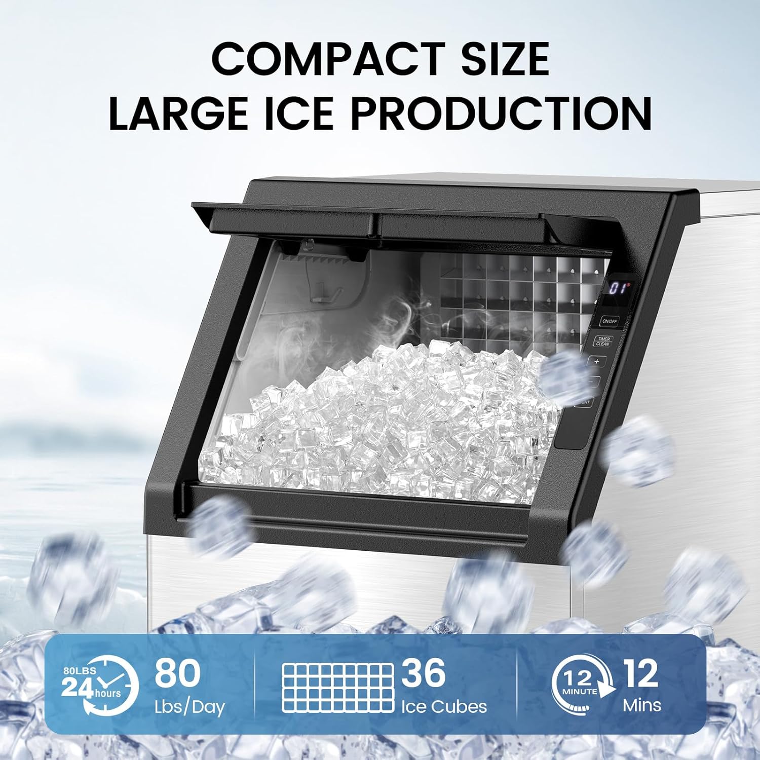 Commercial Ice Maker Machine, 80Lbs/24H Undercounter ice Machine with 28Lbs Ice Storage Capacity, Auto Self-Cleaning, Stainless Steel Freestanding Ice Maker for Home/Bar/Restaurant/Outdoor