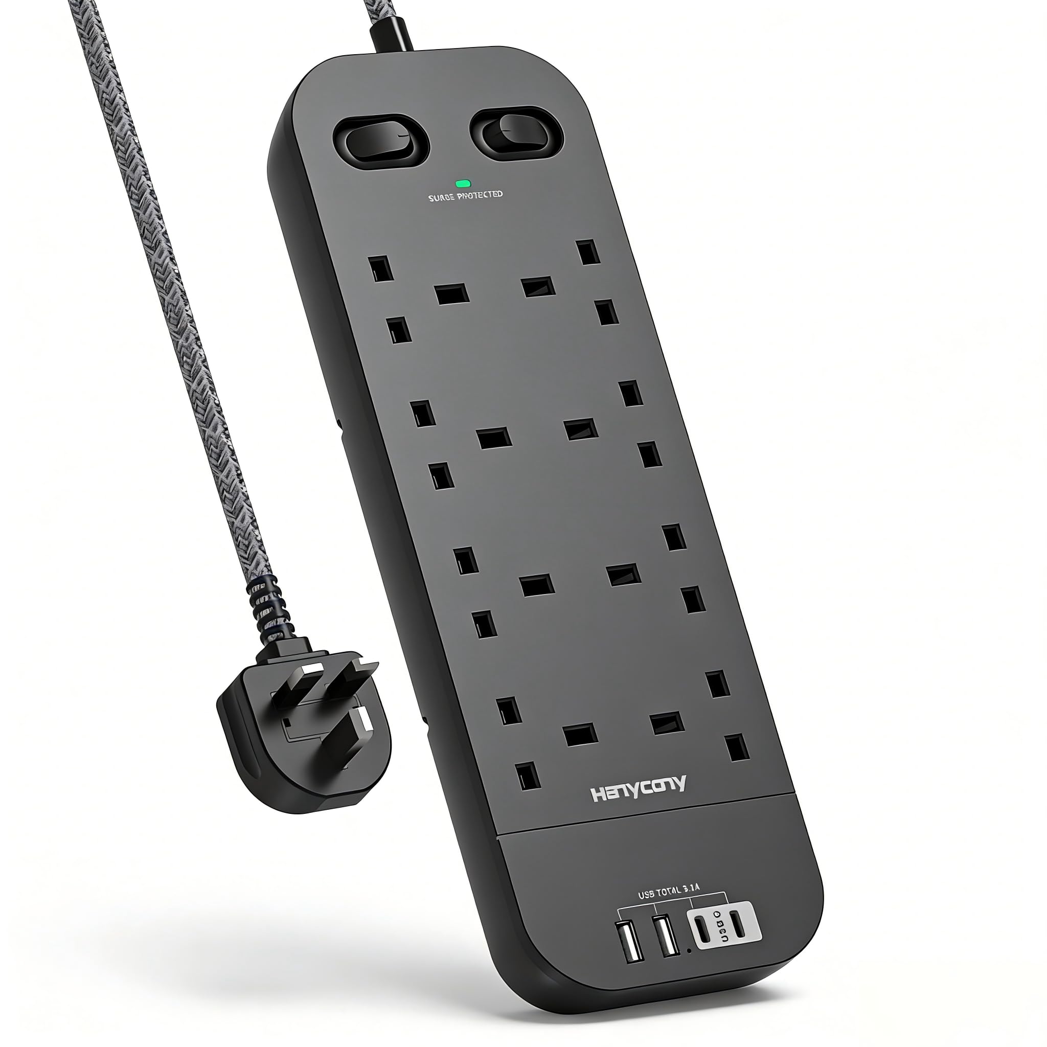 Extension Lead with 2 USB C Slots, 8 Way Outlets Power Strip with 4 USB Ports, 1800J Surge Protection Double Switch Plug Extension with 1.8M Braided Extension Cord for Home, Office — view 11