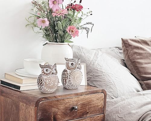 Miniatura 5 de Adorable figura de búho decorativo para el hogar y la oficina, estatuilla bohemia de búho gordito para estante de libros, gabinete de escritorio,