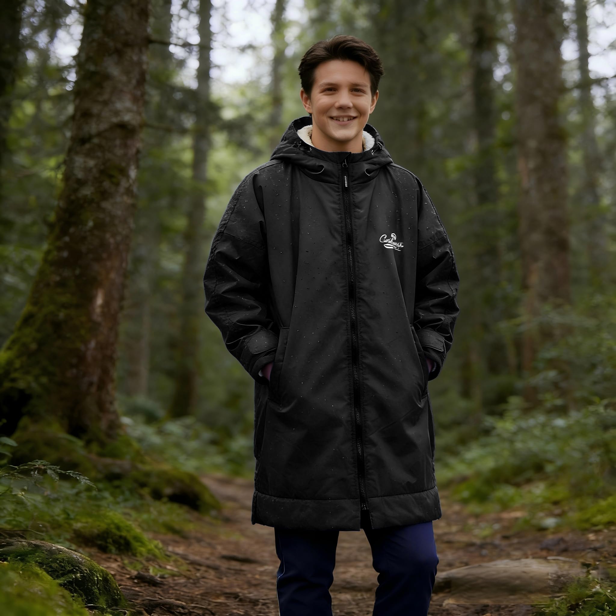 Catalonia Classy Wasserdichter Wickelmantel für Damen & Herren, Winddichter Surf Poncho mit Sherpa-Futter, Wärmemantel Schwimmen Triathlon Surfen Outdoor Bademantel, Schwarz