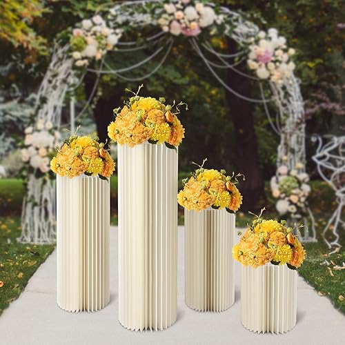Miniatura 9 de 4 soportes de pedestal cilíndricos redondos para centros de mesa de boda, jarrones de cartón, soporte de flores plegables de papel con tapa