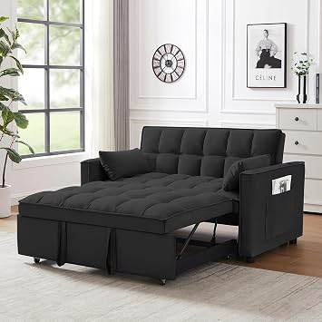 Velvet Pull Out Sleeper Sofa Bed, Convertible Futon Couch Bed with Adjustable Backrests, 3 in 1 Modern Loveseat with 2 Pockets and Pillows, Small Love Seat for Living Room, Guest Room, Office, Black