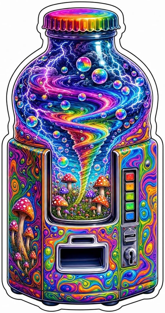 (3 Pack) Surreal Vending Machine Soda Bottle Miniature Tornado Lightning Rainbow Bubbles Psychedelic Art Sticker (3.5" x 3.5")
