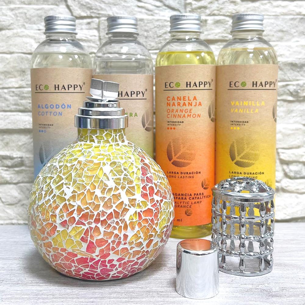 Pack lámpara catalítica Mosaico Bicolor + Fragancia Aroma Vainilla Eco 245 ml - Elimina Malos olores, Limpia, sanea y perfuma el Ambiente