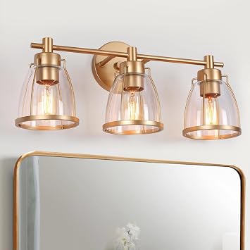 ZEVNI Gold Bathroom Light Fixtures, 3-Light Modern Farmhouse Vanity Light Over Mirror, Caged Gold Light Fixture with Clear Glass Shades, L 22" x W 7" x H 10"