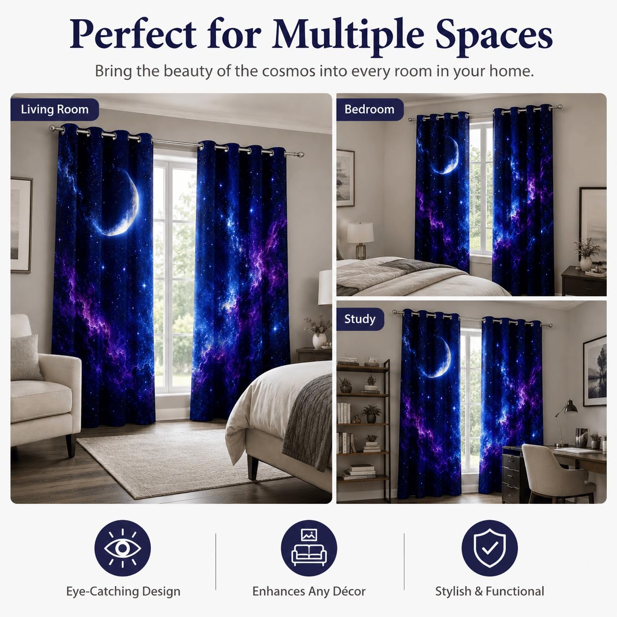 Tende Oscuranti Cielo stellato 3D con Occhielli, 2 Pezzi, 117x137 cm | Tende Termiche Isolanti Luna, Ideali per Camera da Letto, Soggiorno e Cucina, Morbide e Decorative