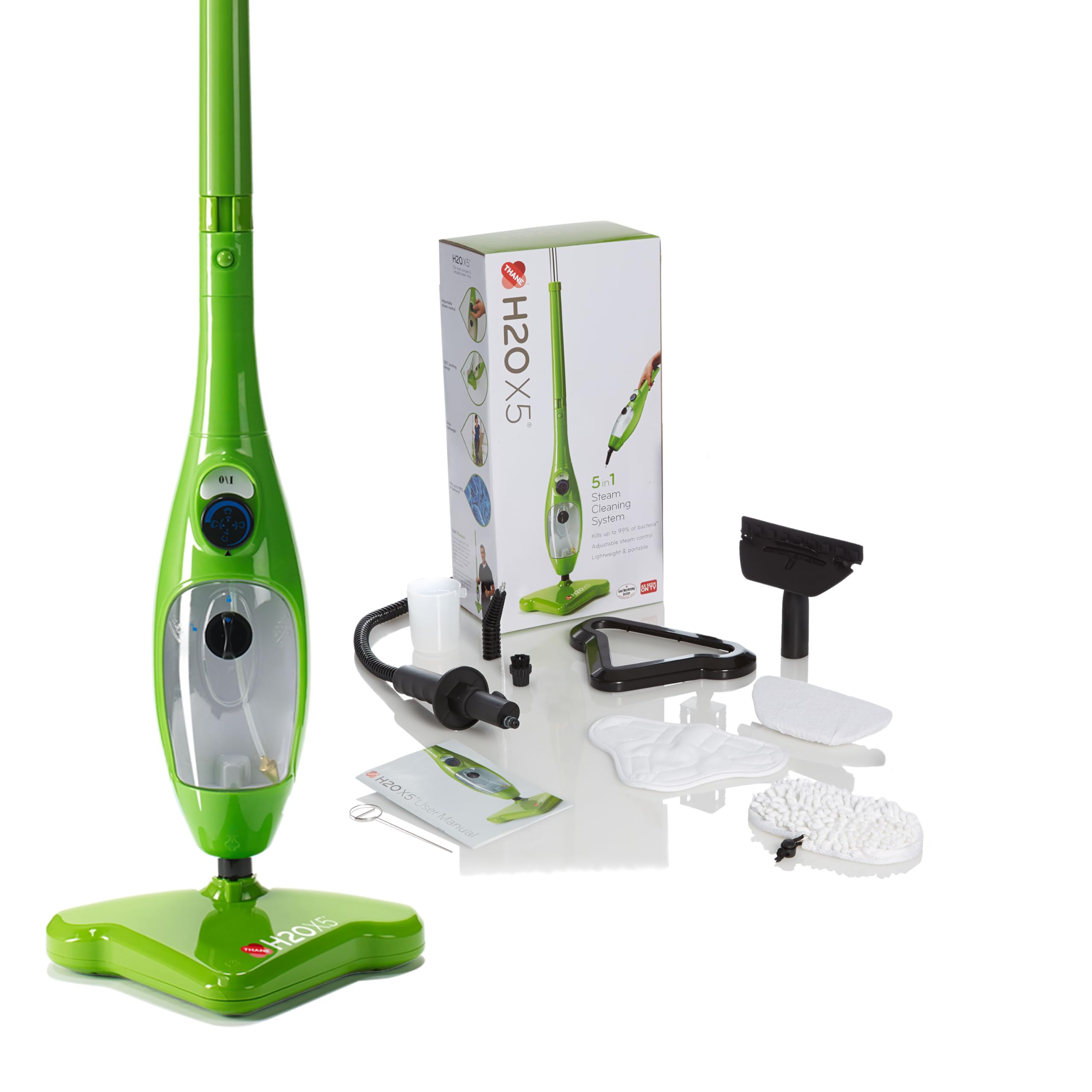 H2O X5+ Trapeador a vapor y limpiador a vapor de mano: sistema multifuncional y versátil para suelos, alfombras, ventanas, tapizados, cocinas y baños (Verde)