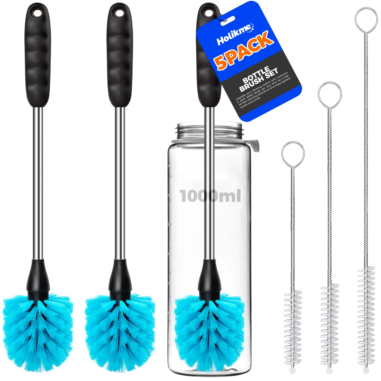 Holikme 5 Pack Bottle Brush 14" Stainless Steel Straw Cleaner Brush,Blue