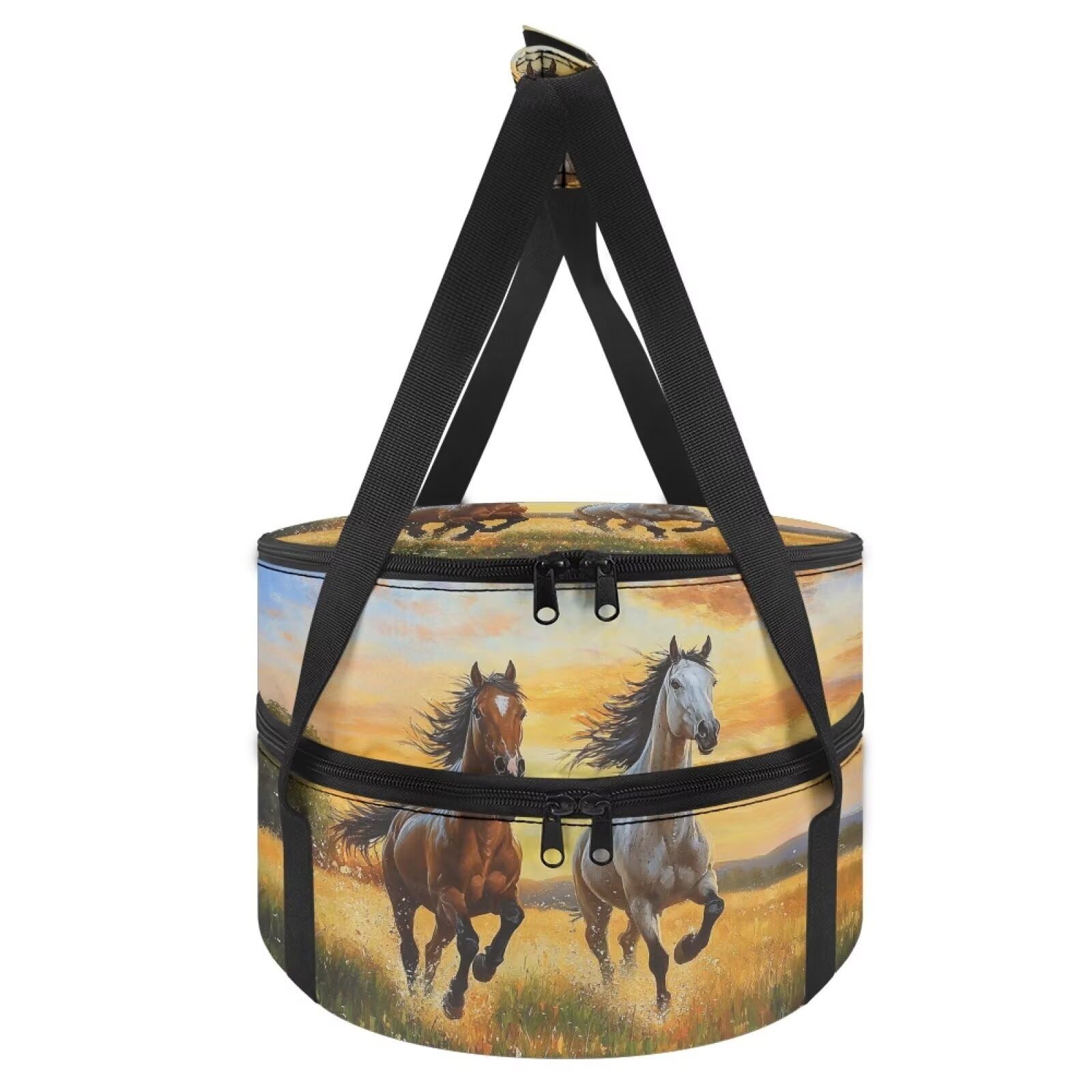 Yuresuaet Horse Pie Carrier with Lid And Handle Zippered Thermal Bag for Pizza Cake Double Layer Insulated Food Carriers for Transport with Handle Round Dish Carrying Case Kitchen Accessories