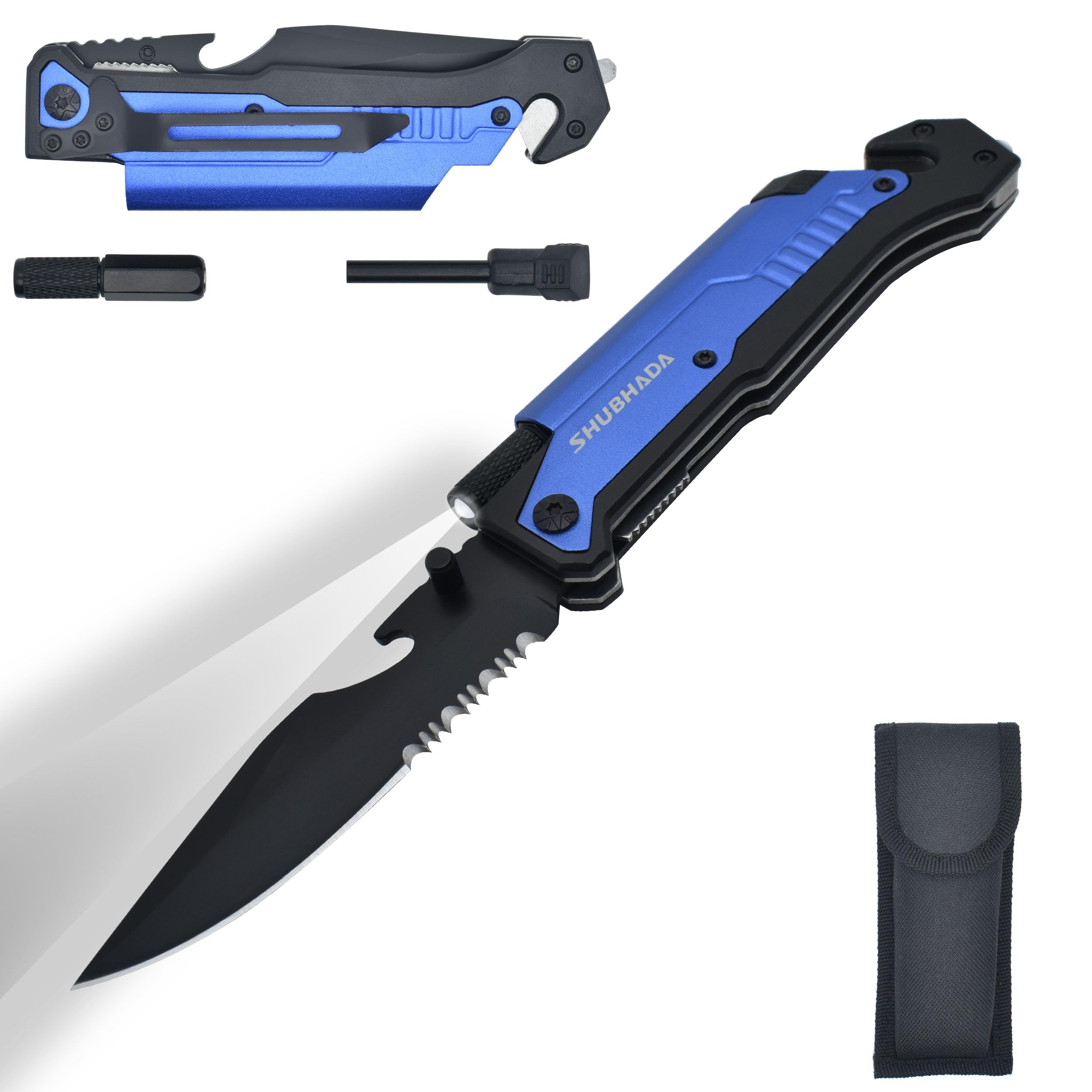 SHUBHADA multifunctional outdoor folding knife hunting camping knife Led Light Magnesium fire starter Seatbelt cutter Glass breaker Bottle opener（Blue