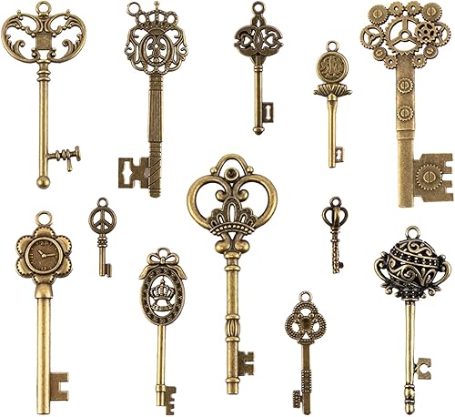 CHuangQi Juego de llaves de esqueleto vintage, llaves steampunk de filigrana, colgantes de llaves de bronce antiguo, diferentes estilos