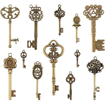 12pcs Vintage Skeleton Keys Set Various Styles Filigree Steampunk Keys Antique Bronze Key Charms Pendant