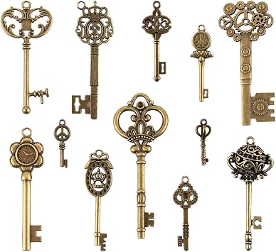 Vintage Skeleton Key Set Filigree Steampunk Keys Antique Bronze Charm Pendants, Pack of 12