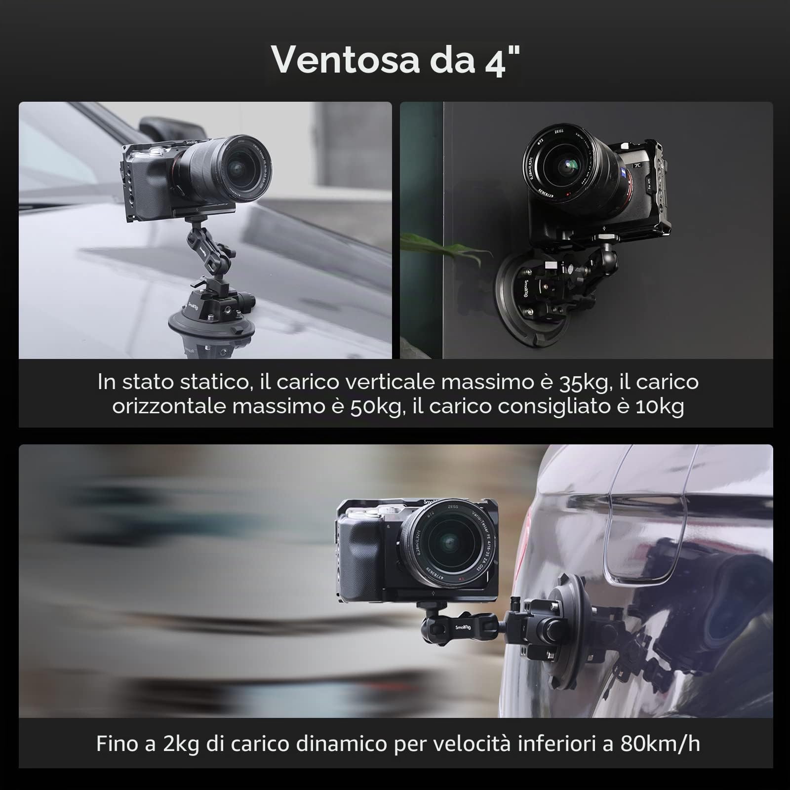 SMALLRIG Supporto per Fotocamera a Ventosa da 4'', Supporto per Auto per Fotocamere/Smartphone su Auto/Superfici Pulite e Lisce, Carico Massimo di 2 kg per Velocità Fino a 80 km/h (50 mph) - 4122B