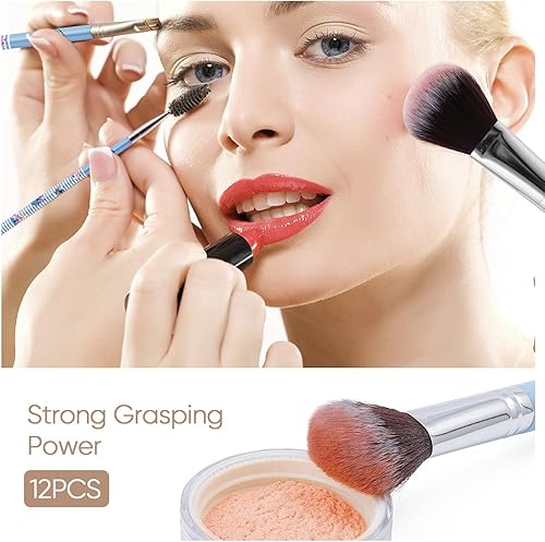 Miniatura 7 de Bolsa de maquillaje de puntada con brocha de maquillaje, estuche de cosméticos de felpa para puntadas, 12 piezas, bolsa de capacidad para brochas de