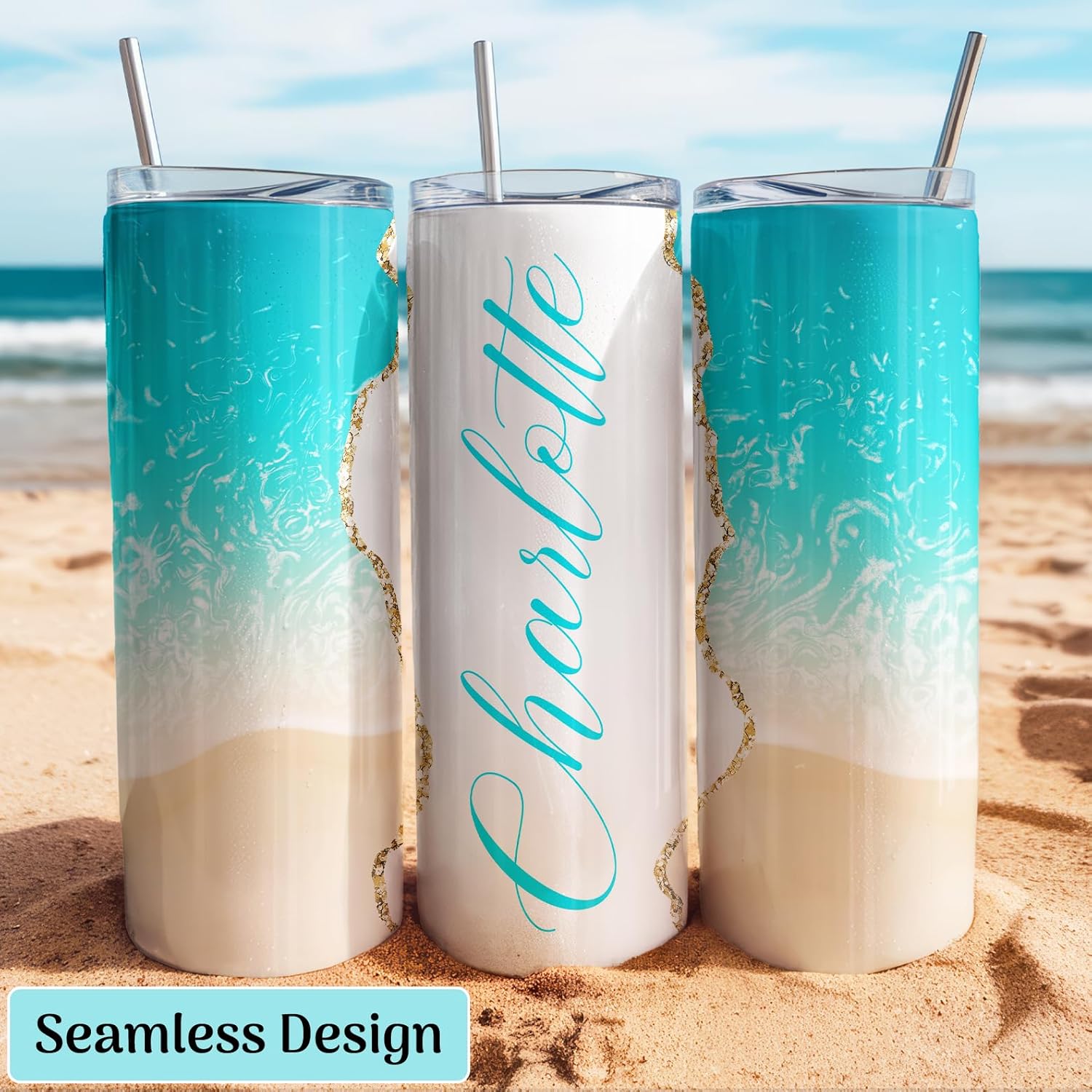Personalized Beach Vacation Tumbler with Name, Destination & Year | 20 oz Custom Skinny Tumbler with Lid & Straw | Customized Travel Cup for Family Trip, Bachelorette Summer Holiday Gift - Image 2