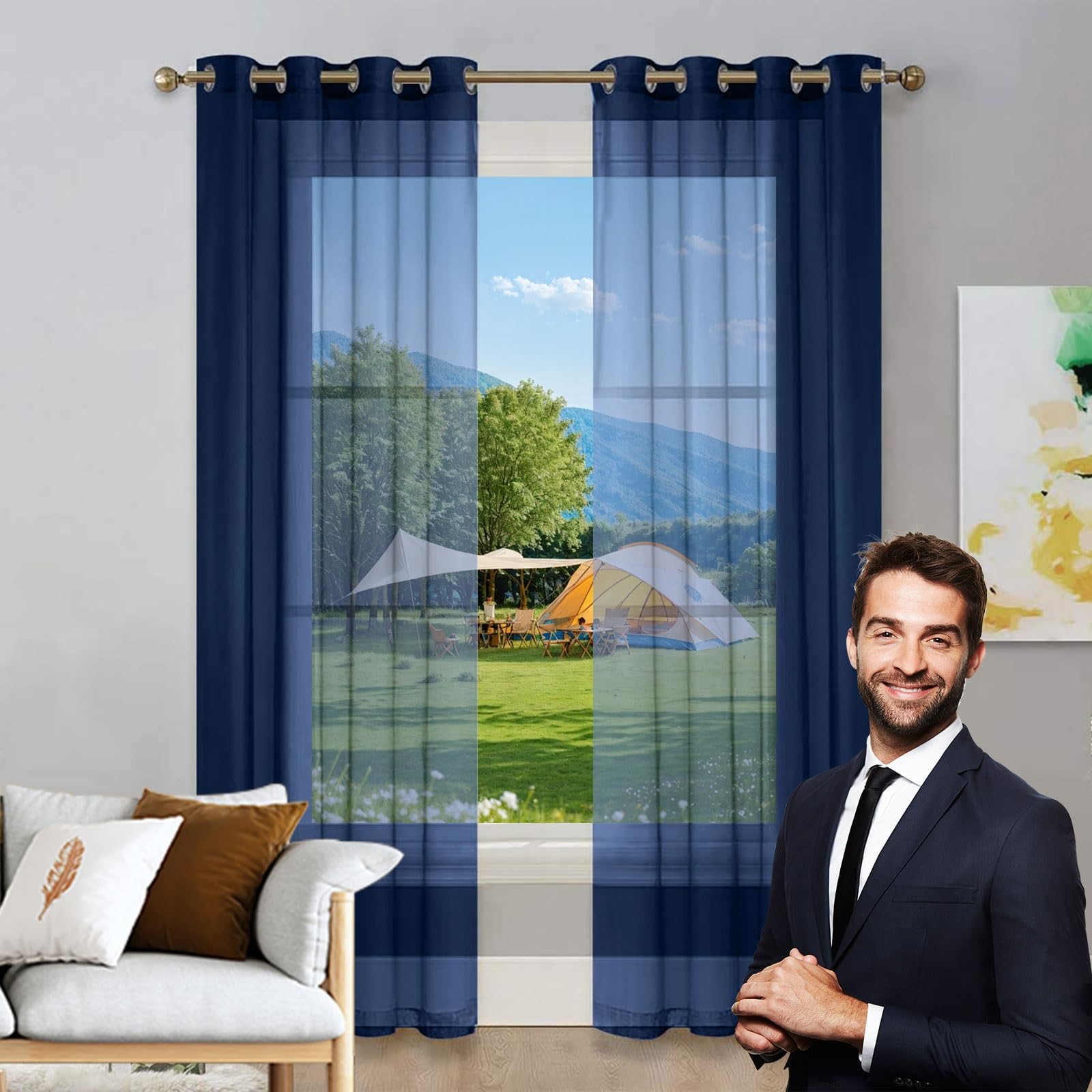 Voilages à passants bleu foncé demi-transparents avec œillets intégrés