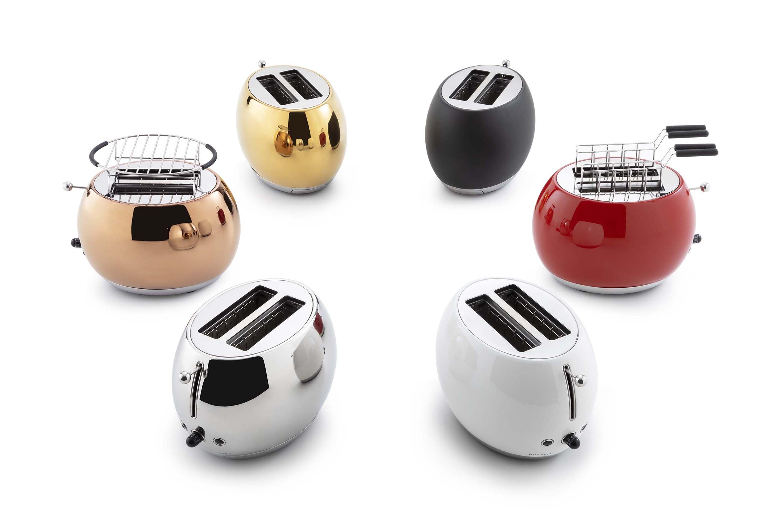 BUGATTI Romeo, Tostapane di Design Multifunzione in Acciaio Inox, 7 Livelli di Tostatura, 4 Funzioni, Pinze non Incluse, 870-1035 W, Colore Oro Giallo Lucido