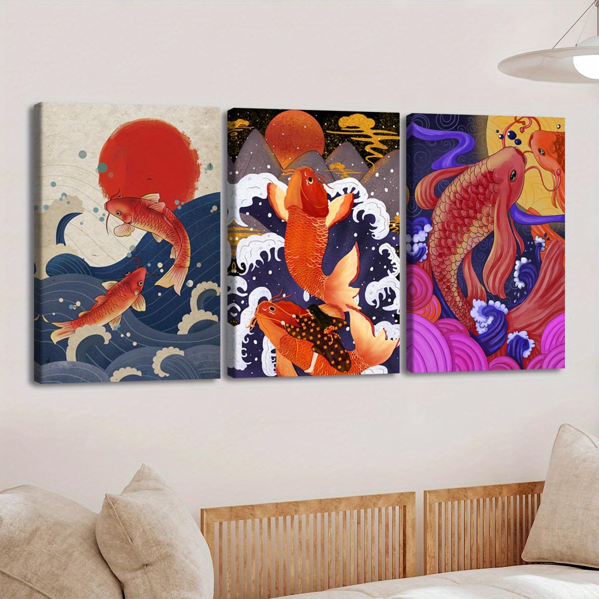 Cuadro decorativo de pared japonés con diseño de olas y peces koi (3 piezas), ideal para sala de estar o dormitorio (70x90cm x 3/Sin marco).