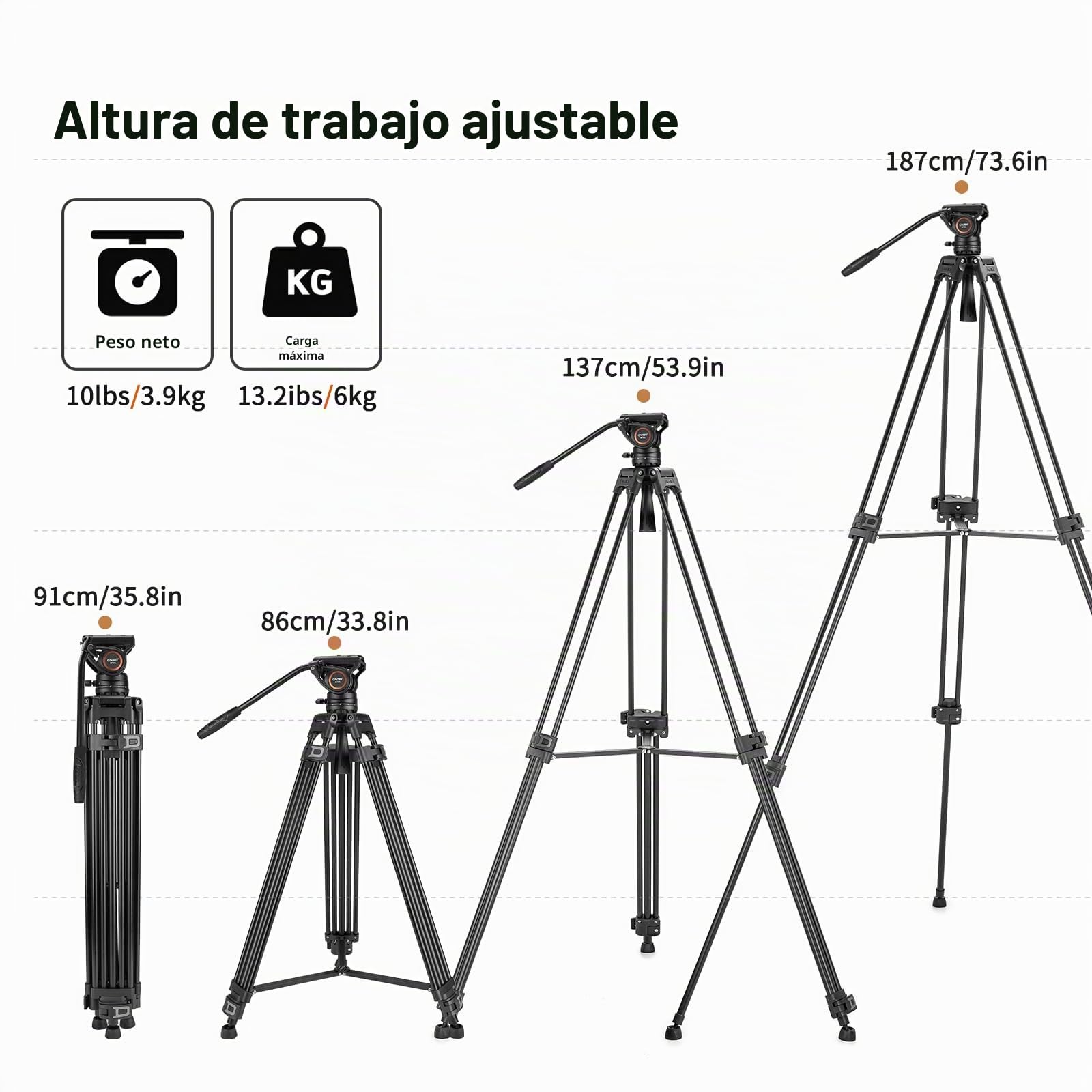 Cayer BF30L 73"/187cm Trípode Video, Soporte de Trípode de Aleación de Aluminio Resistente con 360° Cabezal de Arrastre Fluido, Placa QR Compatible con Canon Nikon Sony Otras,Carga hasta 17.6lb/8kg