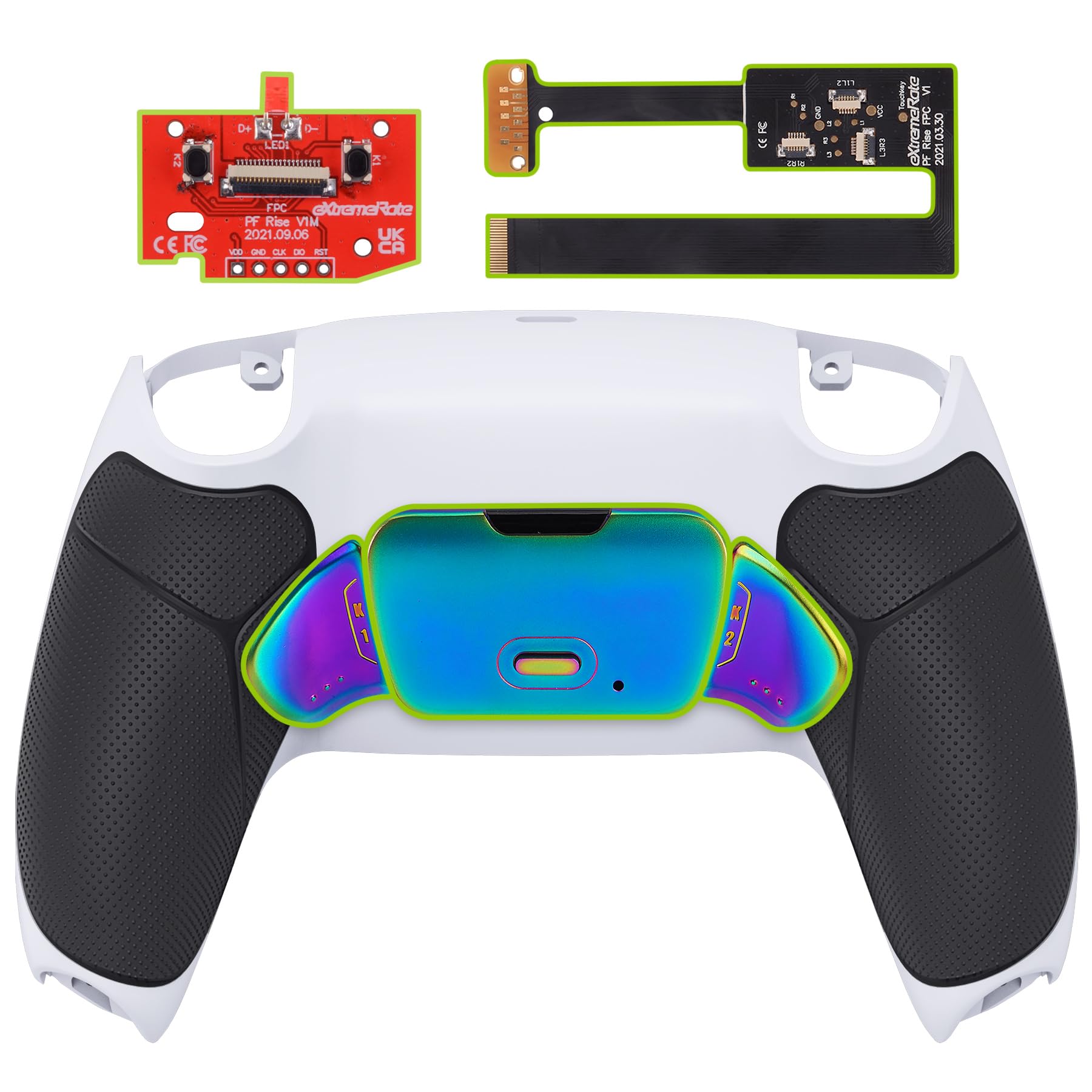 eXtremeRate Real Metal Buttons (RMB) Rise 2.0 Remap Kit para ps5 BDM-010 BDM-020 Carcasa con Goma Grip & Actualización Board & Programable Botones Traseros para ps5 Mando(Blanco Negro Arcoíris)