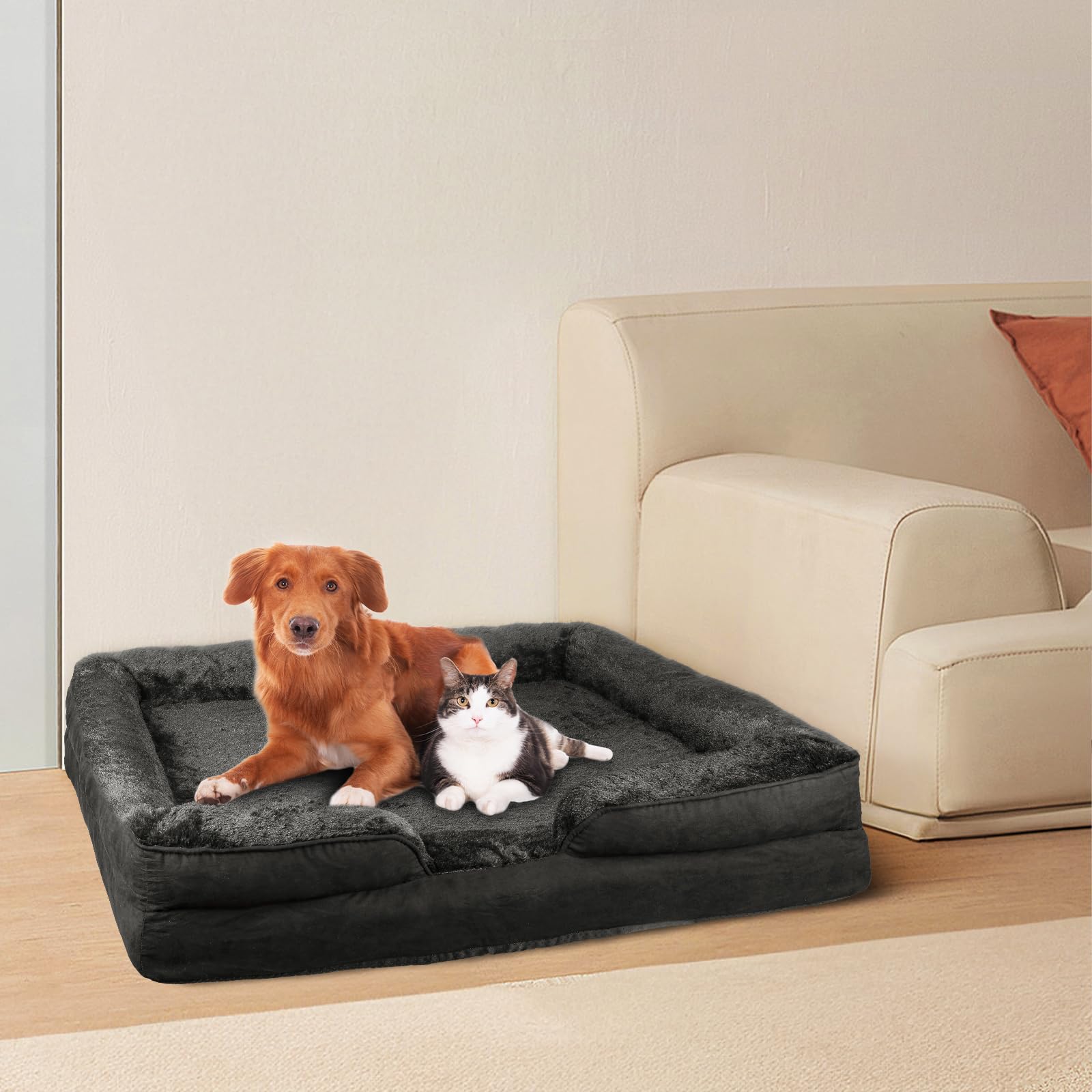 Cesta de perro de gran tamaño, cojín desenfundable, cama para perro, funda extraíble y lavable a máquina, fondo antideslizante, 106 x 80 x 20 cm (Negro)