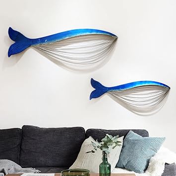 Modern Wall Sculpture Nautical Blue Whale Wall Art,Set of 2 Metal Fish Wall Decor,Vintage Distressed 3D Fish Wall Sculpture Artworks,for Indoor Outdoor Garden Patio Pool,Large Size