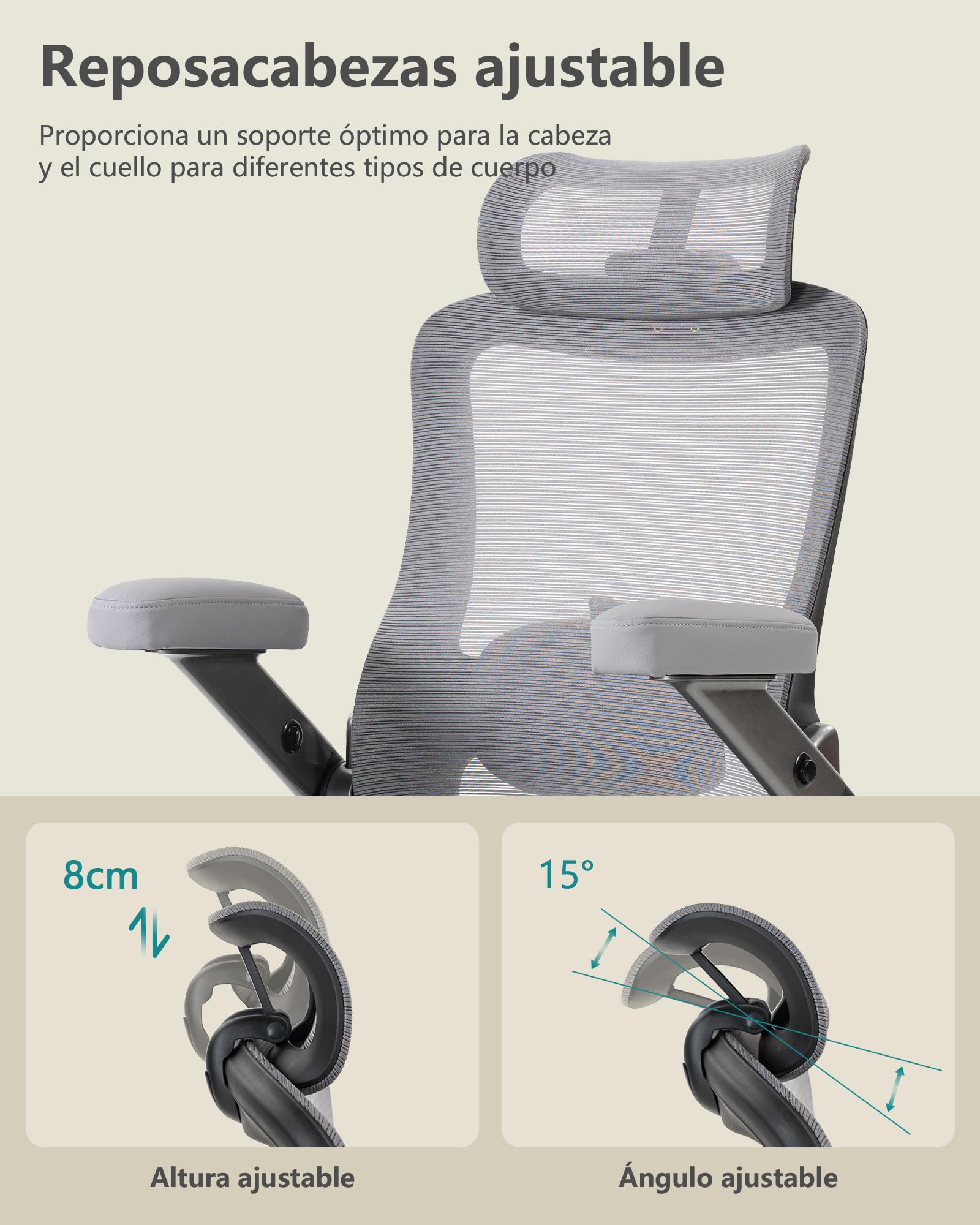Silla Escritorio con Soporte Lumbar Ajustable y Reposacabezas, Capacidad de Carga de 350 kg, Respaldo de Malla con Función de Inclinación, Reposabrazos Abatibles, Silla Oficina Ergonomica (Gris)