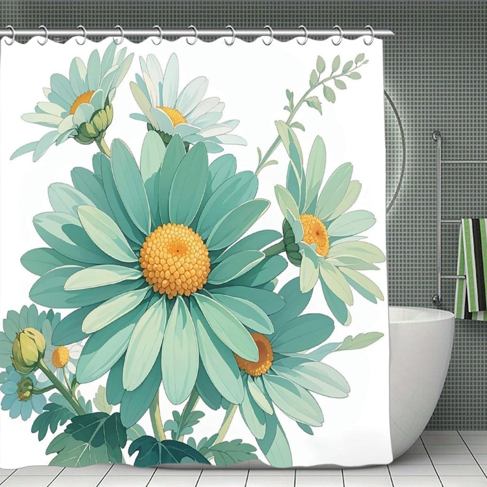 FekiLoot Mint Green Watercolor Daisy Shower Curtain Minimalist Aesthetic Bath Curtain with Hooks Simple Water Resistant Bathroom Shower Curtains Cute Blackout Privacy Curtains Cloth Curtain