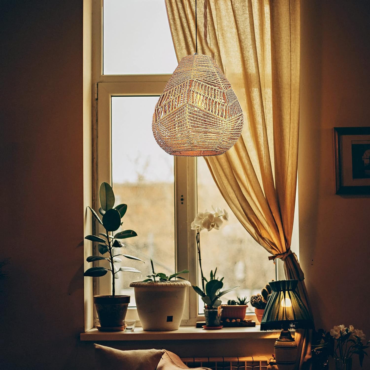 Pendelleuchte Kit mit Stecker Vintage Dimmbar Hängelampe Boho Rattan Lampe Plug in Hängeleuchte mit 4,5 Meter Seil Kabel E27 Handgewebte Lampenschirm Deckenleuchte für Küche Schlafzimmer Wohnzimmer