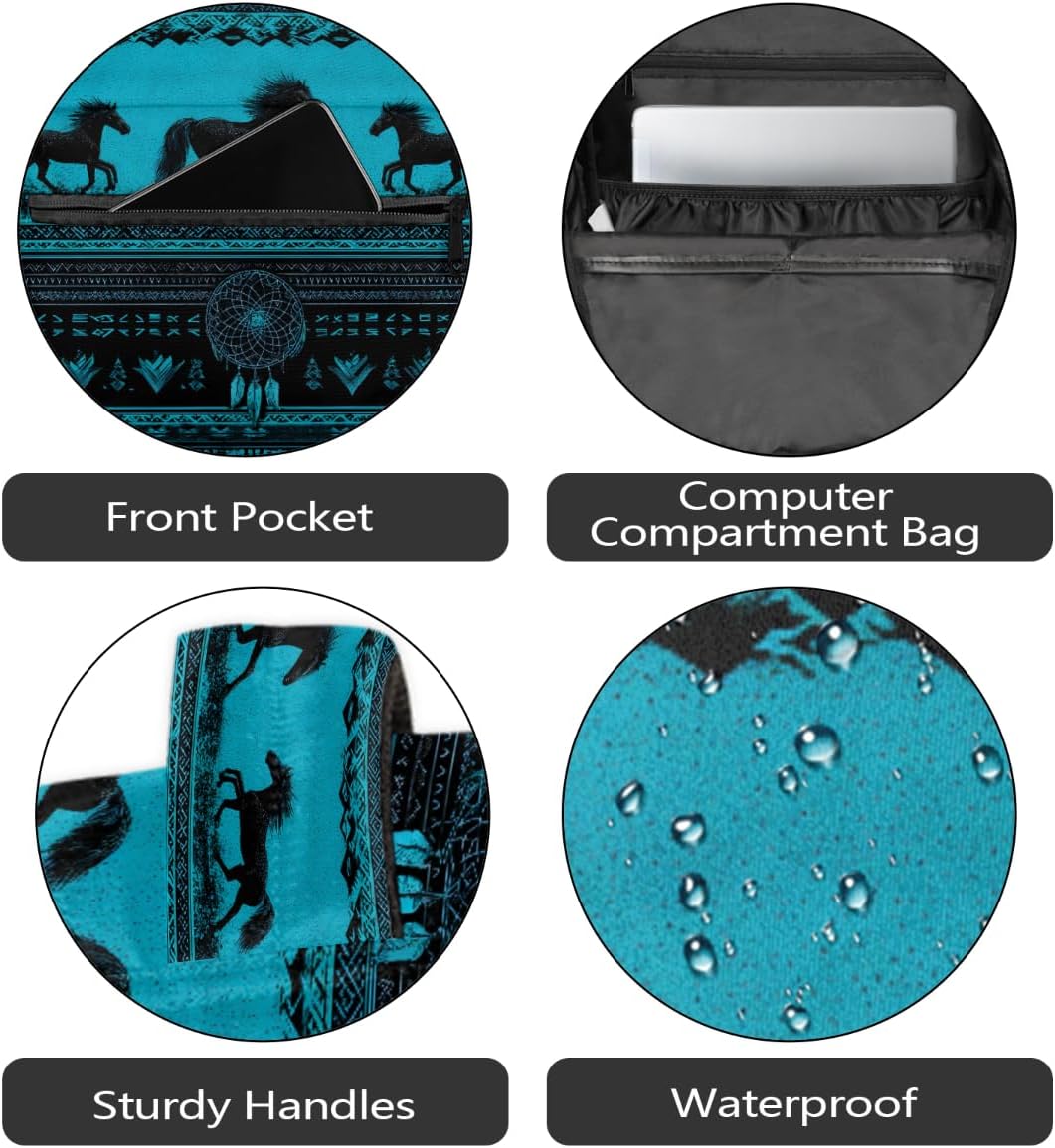 Aztec Horses Turquoise Backpack for School, Laptop Backpack Lightweight Water Resistant Bookbag Casual Daypack for Casual Travel Hiking Camping Outdoor Daypack Shoulder Bag for Boys Girls Kids
