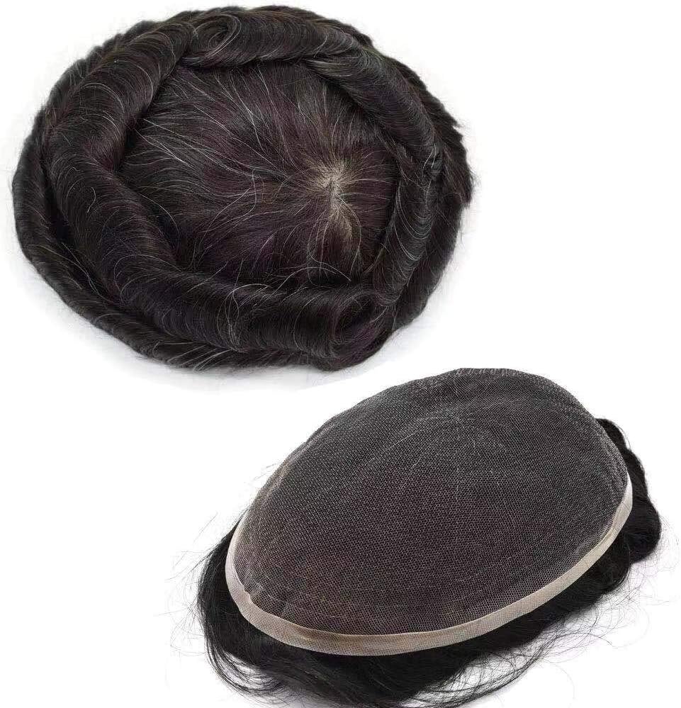 Soft Full French Lace Mens Toupee All Corlors 100% Remy Human Hair All Transparent Lace Hairpiece Natural Hairline Bleached Knots Hair System 80% Very Light Density Wig10X8,1B10# Off Black+10% Gray