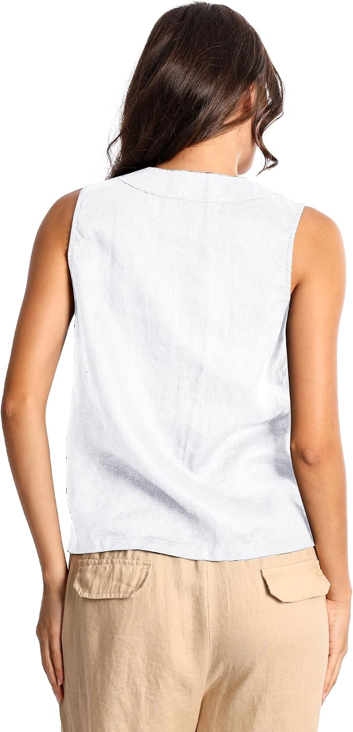 Womens Pure Linen V Neck Sleeveless Button Down Mid Length Casual Vest