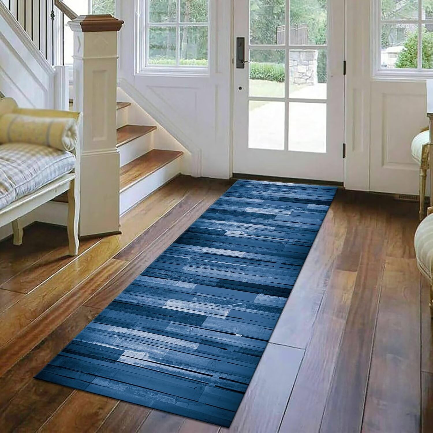 Teppich Läufer Lang Küche Flur Wohnraum Teppichläufer Rutschfest Waschbar Küchenläufer Teppichmatten Blau Holzmaserung 60X300CM Meterware Läufer Flurteppich Wohnzimmer Schlafzimmer Küchenteppich